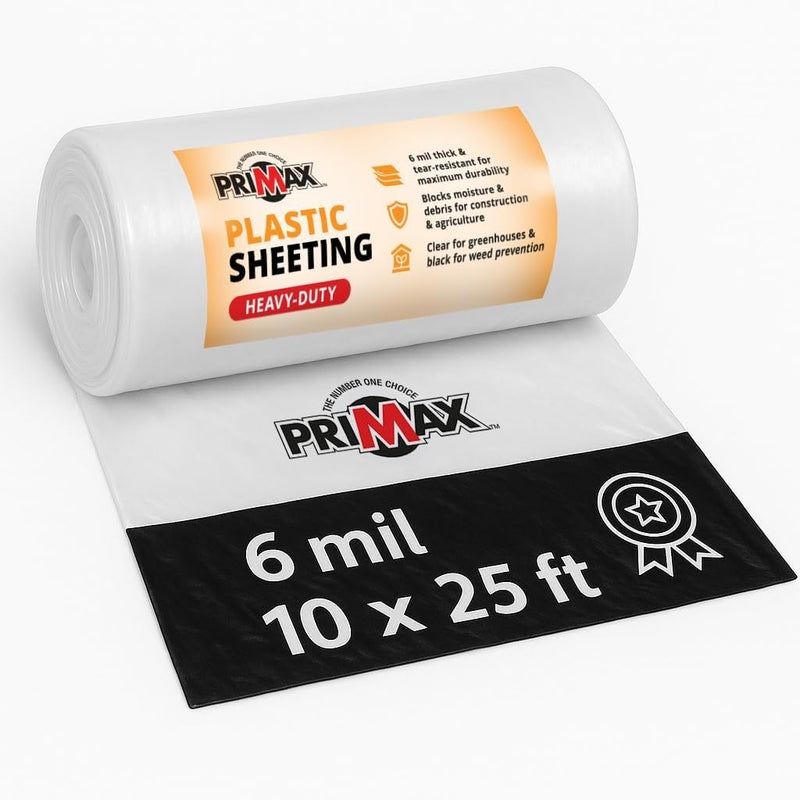 Primax 6 mil Plastic Sheeting (10'x25') – Waterproof, UV Resistant, Heavy Duty Thick Plastic Sheeting Roll for Greenhouse, Farm, Agriculture, Gardening, Construction, Vapor Barrier Covering, Opaque - Image 1